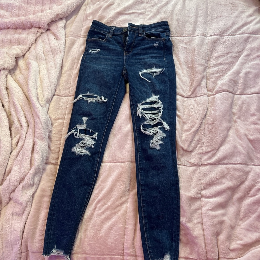 American Eagle Outfitters Dark Blue Distressed Skinny Jeans